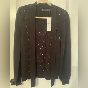 New York & Company Black V-Neck Sweater with Pearl Details